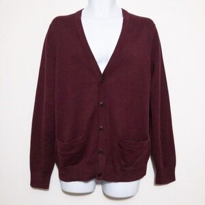 Lands End Fine Gauge Cotton Cardigan Mens M Burgundy Red Button Front